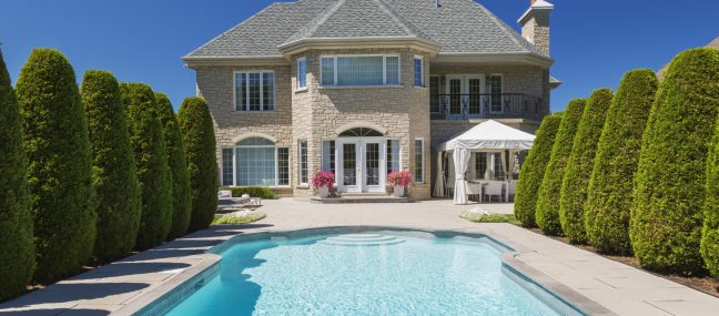 Outdoor swimming pool bordered by rows of cedar trees (Thuja occidentallis) at rear of luxurious house with beige stone
